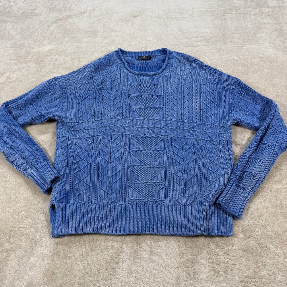 Polo Ralph Lauren Mens Large Blue Textured Mixed Cable Knit Cotton Sweater L